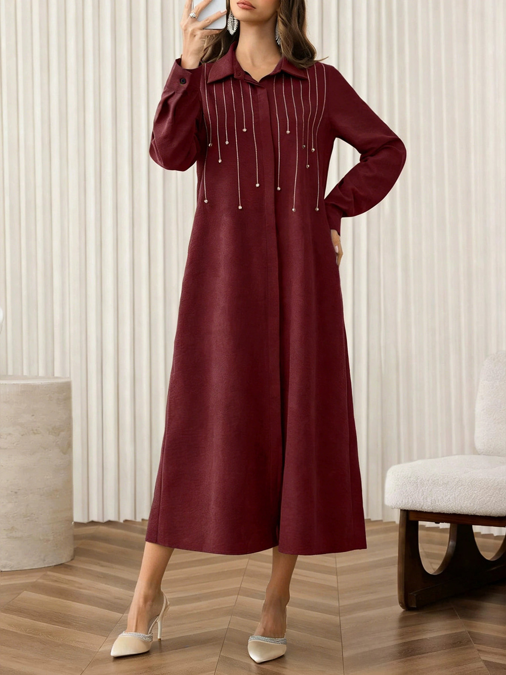 ZARA Elegant Long Sleeve Rhinestone Turn Down Collar Loose Dress Autumn Winter
